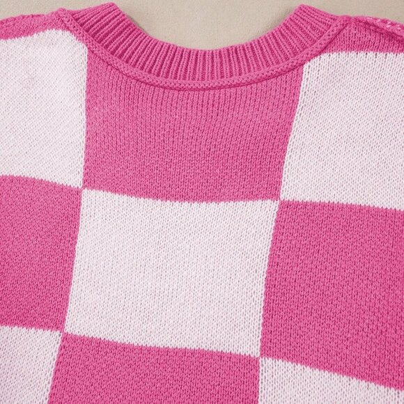 Hot Pink Casual Women's Checkered Elegant Sweater - Picture 4 of 8